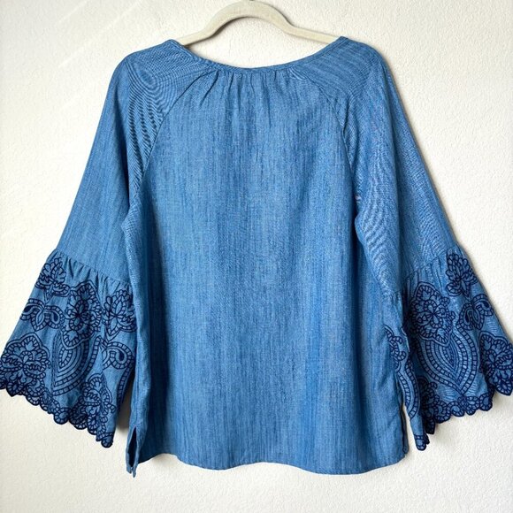Soft Surroundings Chambray Embroidered Flare Bell Sleeve V-Neck Blouse Top - Picture 8 of 8